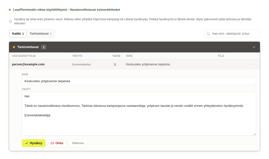 LeadTerminalin viestijono ja havainnollistava sähköpostiluonnos, jota voi muokata ja hyväksyä.