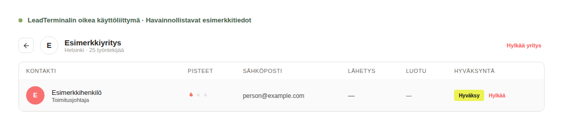 LeadTerminalin yrityskohtainen tarkistusnäkymä, jossa näkyvät esimerkkihenkilö, toimitusjohtajan rooli, sähköposti ja hyväksymistoiminnot.